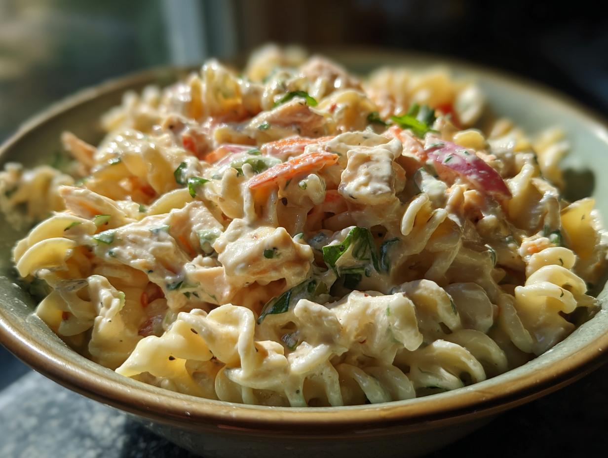 Close-up of a creamy pasta salad and chicken bowl with fusilli pasta, vegetables, and herbs.