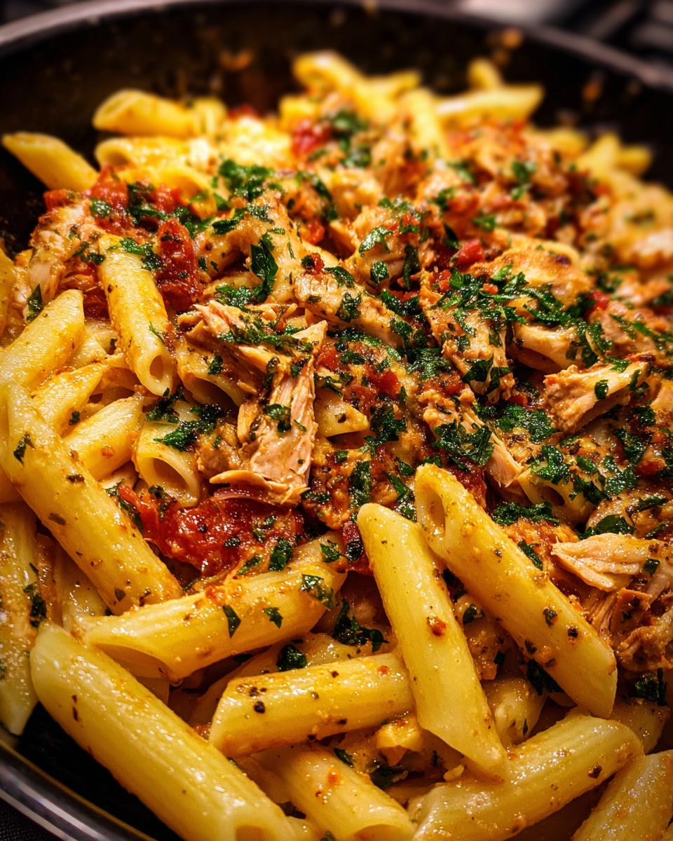 Close-up of a pasta salad and chicken dish with penne pasta, chicken, and herbs.