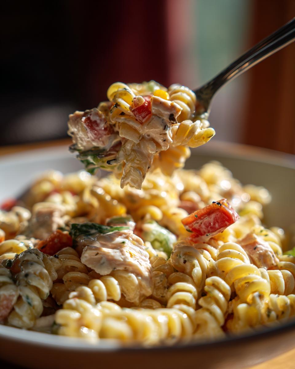 Close-up of pasta salad and chicken on a fork, showing the creamy sauce and ingredients. Delicious pasta salad and chicken.