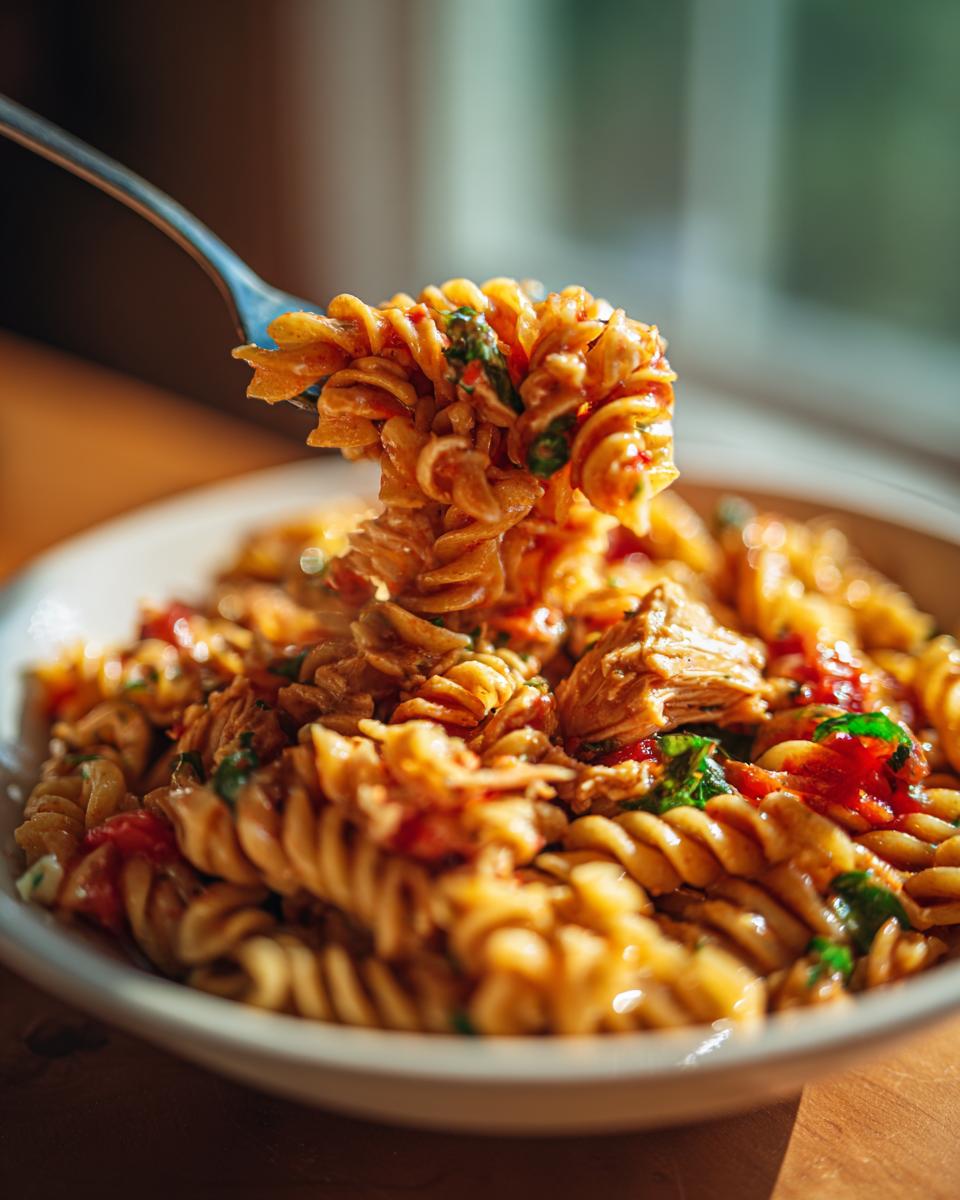 Close-up of a fork lifting pasta salad and chicken from a bowl, showcasing the ingredients.
