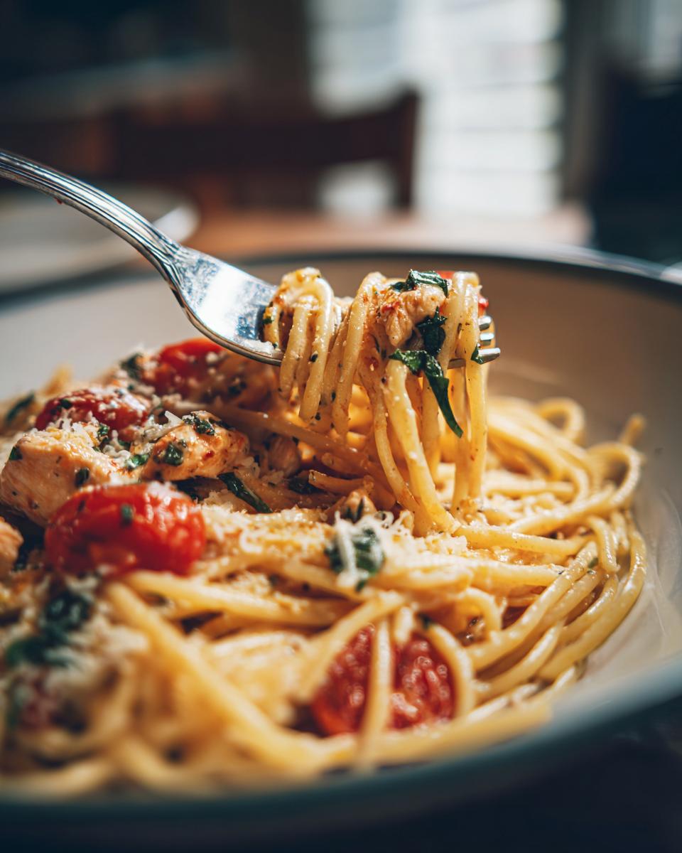 Close-up of pasta salad and chicken with a forkful of spaghetti, tomatoes, and chicken.