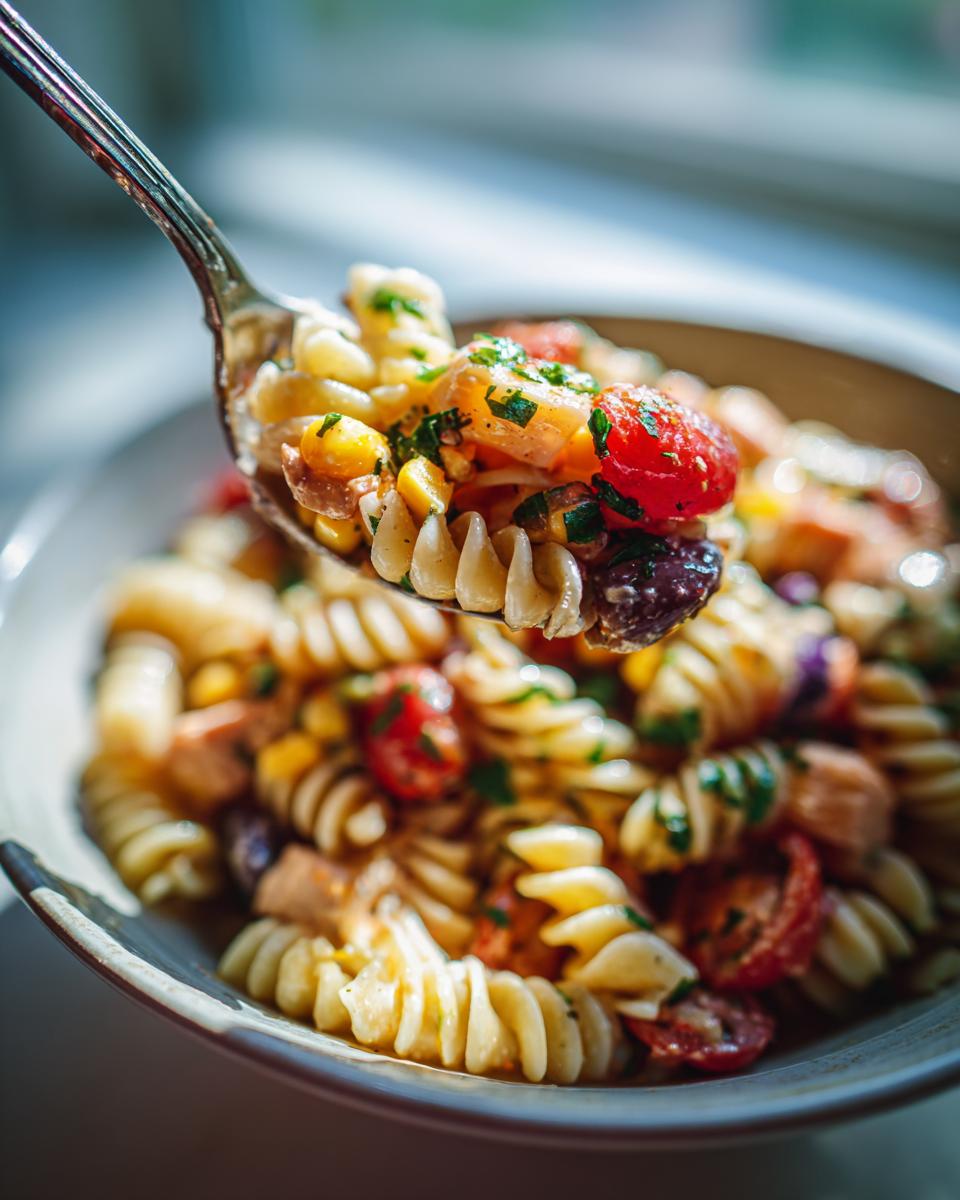 Close-up of a spoonful of pasta salad and chicken with tomatoes, olives, and corn. This is a delicious pasta salad and chicken recipe.