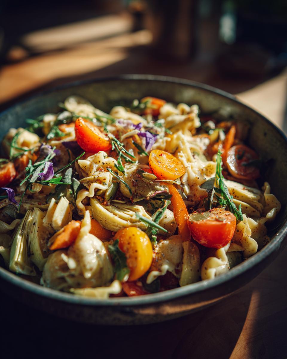 Close-up of a pasta salad artichoke bowl with tomatoes, herbs, and vegetables.