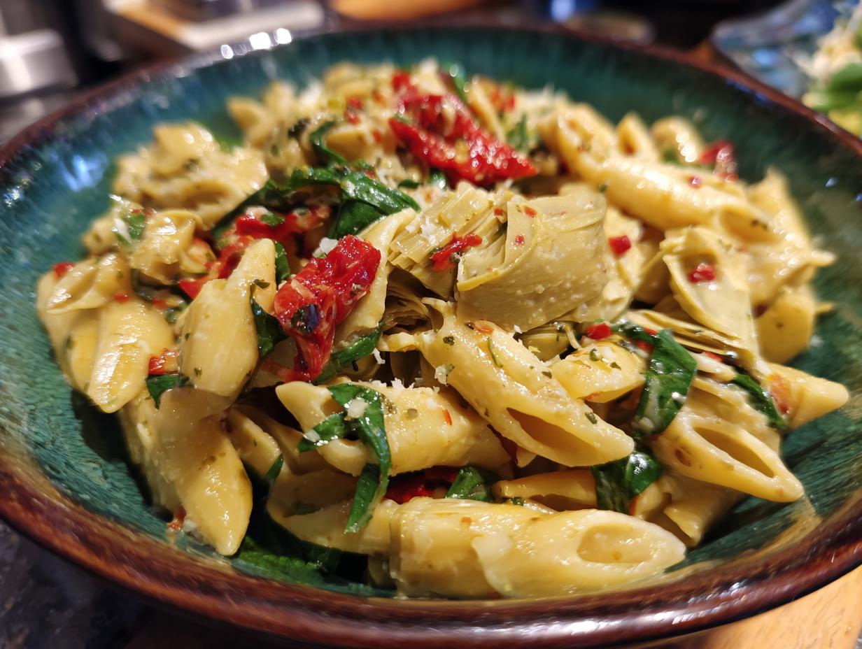 Close-up of a pasta salad artichoke with penne pasta, artichoke hearts, and sun-dried tomatoes.
