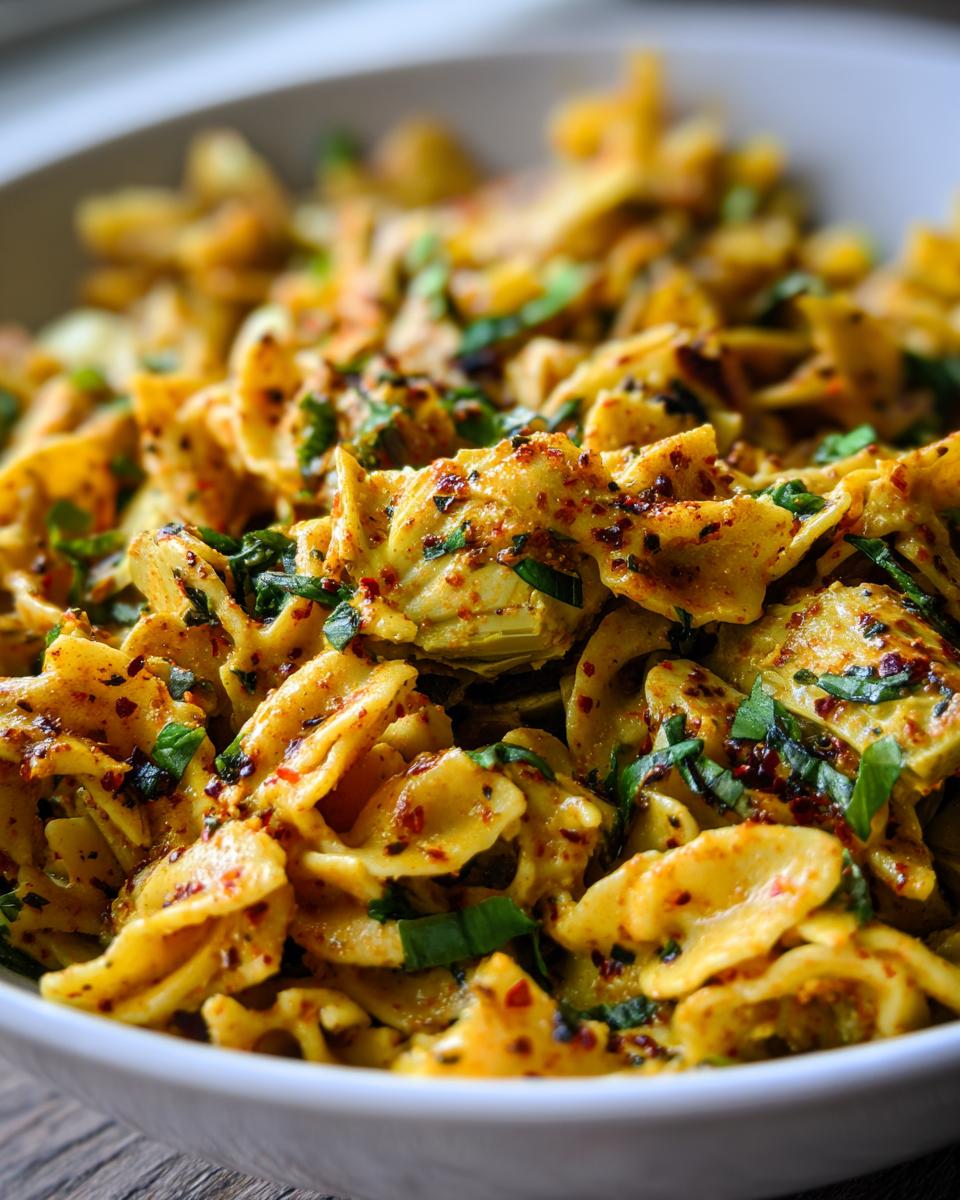 Close-up of pasta salad artichoke with bowtie pasta, herbs, and spices in a white bowl.