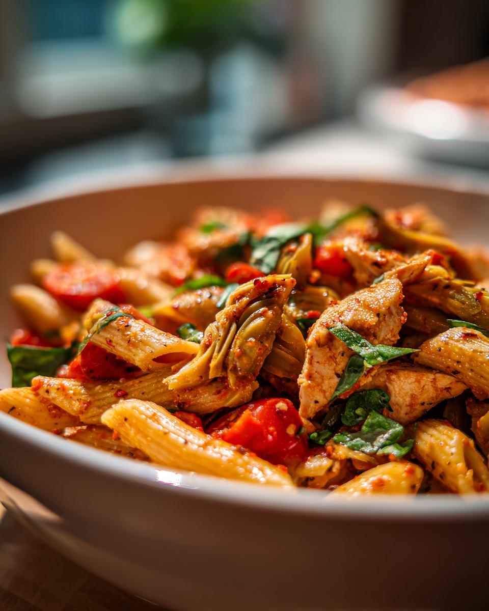 Close-up of a pasta salad artichoke with penne pasta, tomatoes, and herbs in a white bowl.