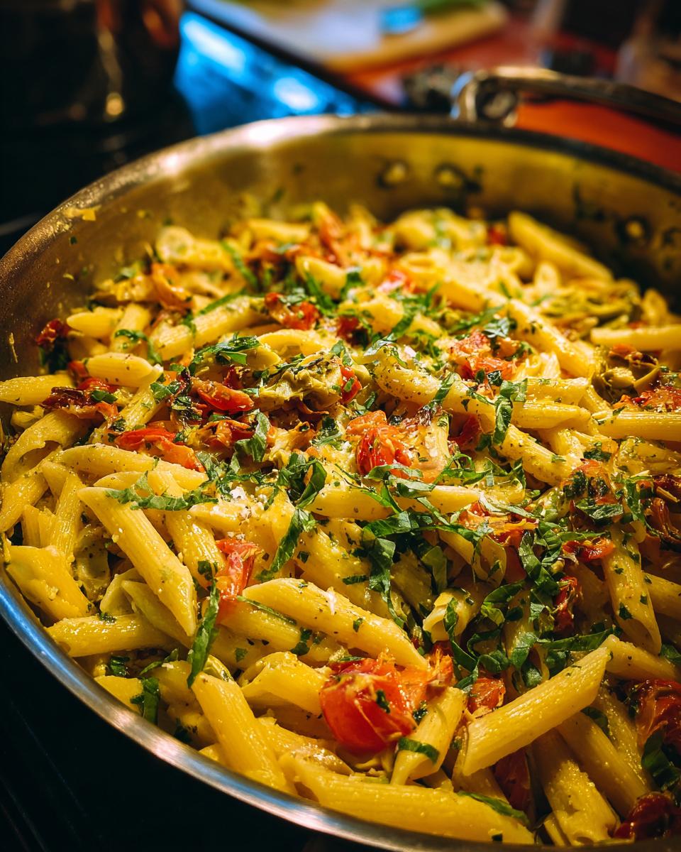 Close-up of pasta salad artichoke with tomatoes and herbs in a pan.