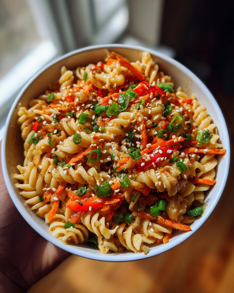 Close-up of Asian pasta salad in a white bowl with carrots and sesame seeds. The pasta salad asian is ready to eat.