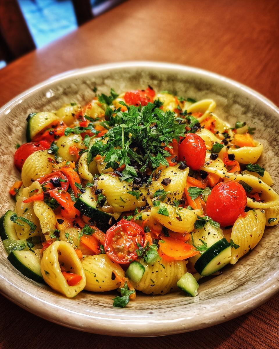 Close-up of a bowl of pasta salad asian with vegetables and herbs.