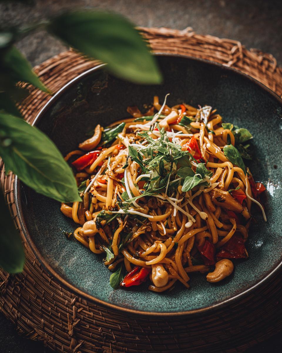 Close-up of a vibrant pasta salad asian dish with noodles, vegetables, and cashews.