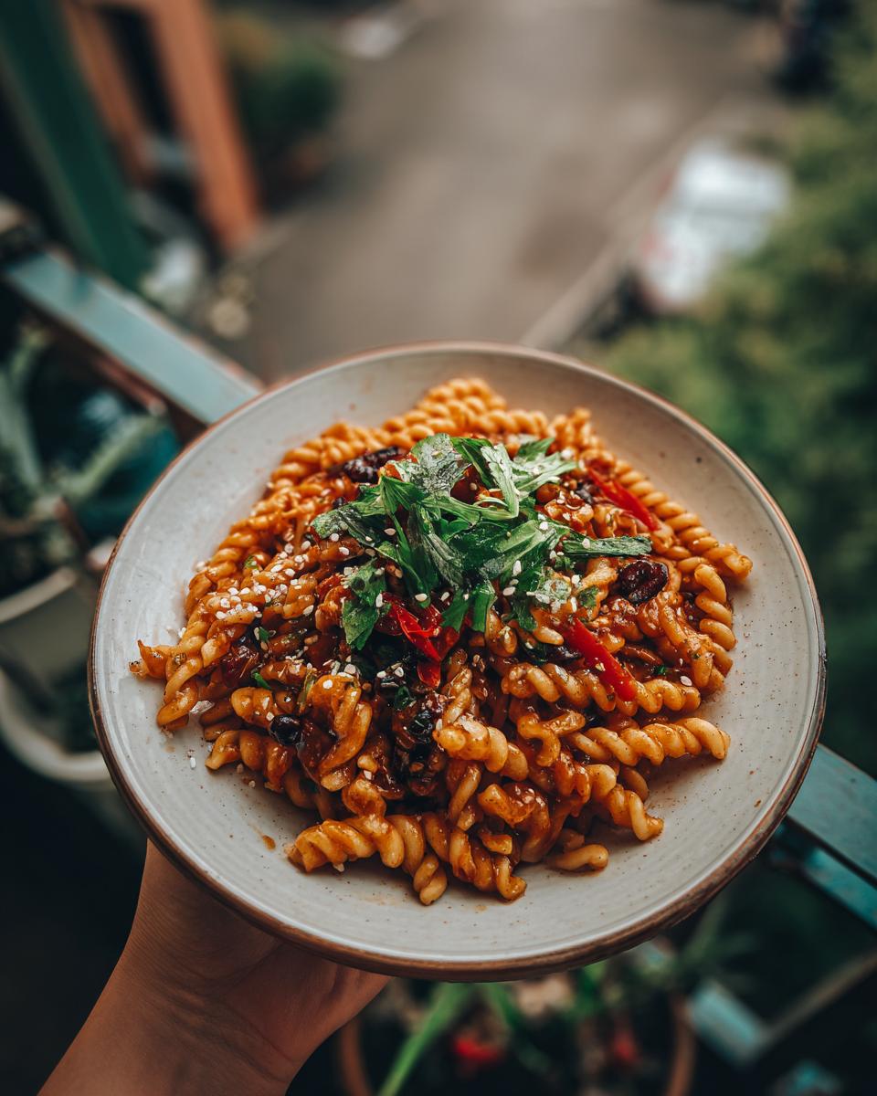 Close-up of a bowl of pasta salad asian with noodles, sauce, herbs, and sesame seeds.