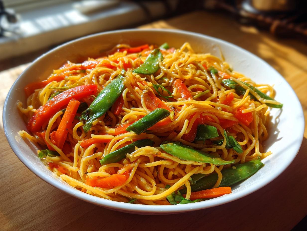 A bowl of vibrant Asian pasta salad with noodles, carrots, and snap peas. This is a quick and easy pasta salad asian recipe.