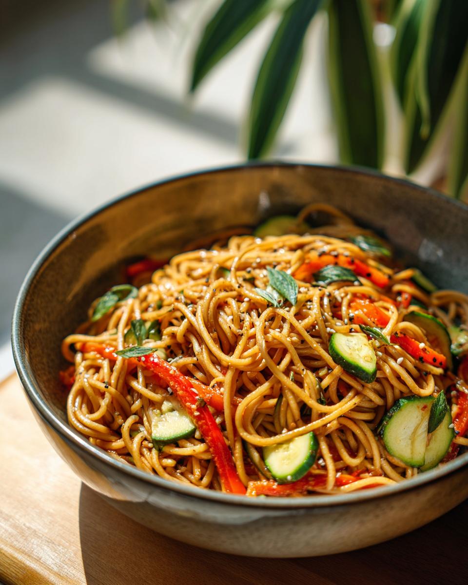 Close-up of a bowl of pasta salad asian with vegetables and sesame seeds.