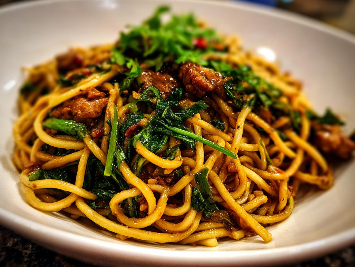 Close-up of a pasta salad asian dish with noodles, vegetables, and meat, served in a white bowl.