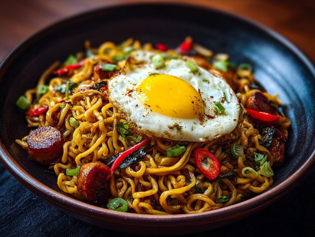 Close-up of a bowl of pasta salad asian with a fried egg, sausage, and chili.