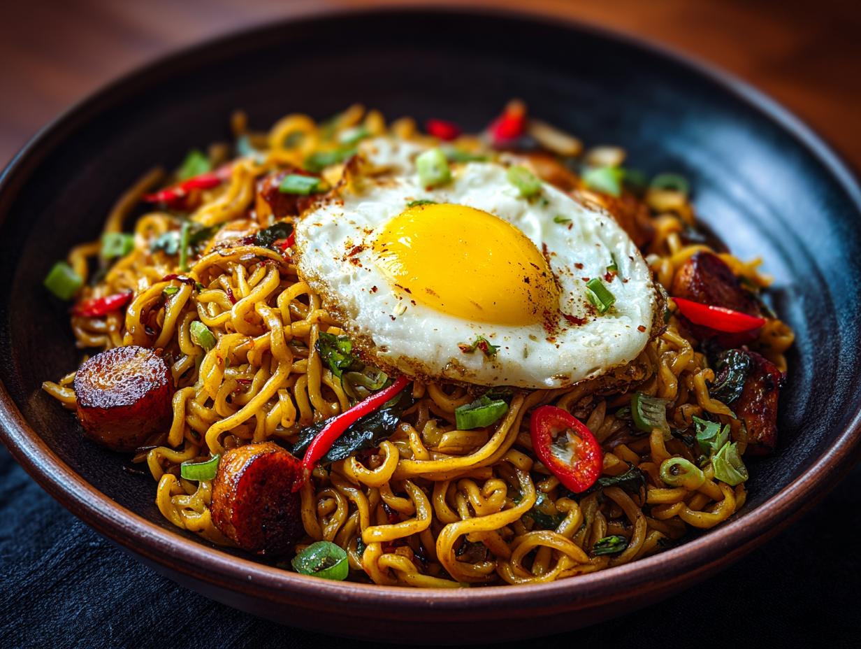 Close-up of a bowl of pasta salad asian with a fried egg, sausage, and chili.