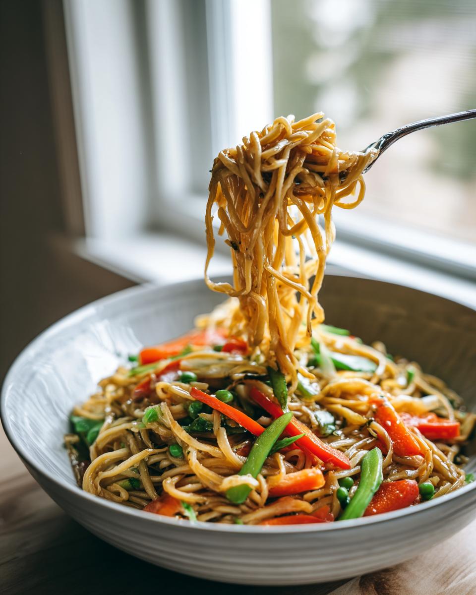 Close-up of Asian pasta salad with noodles, red peppers, green beans, and peas. A fork lifts some noodles.