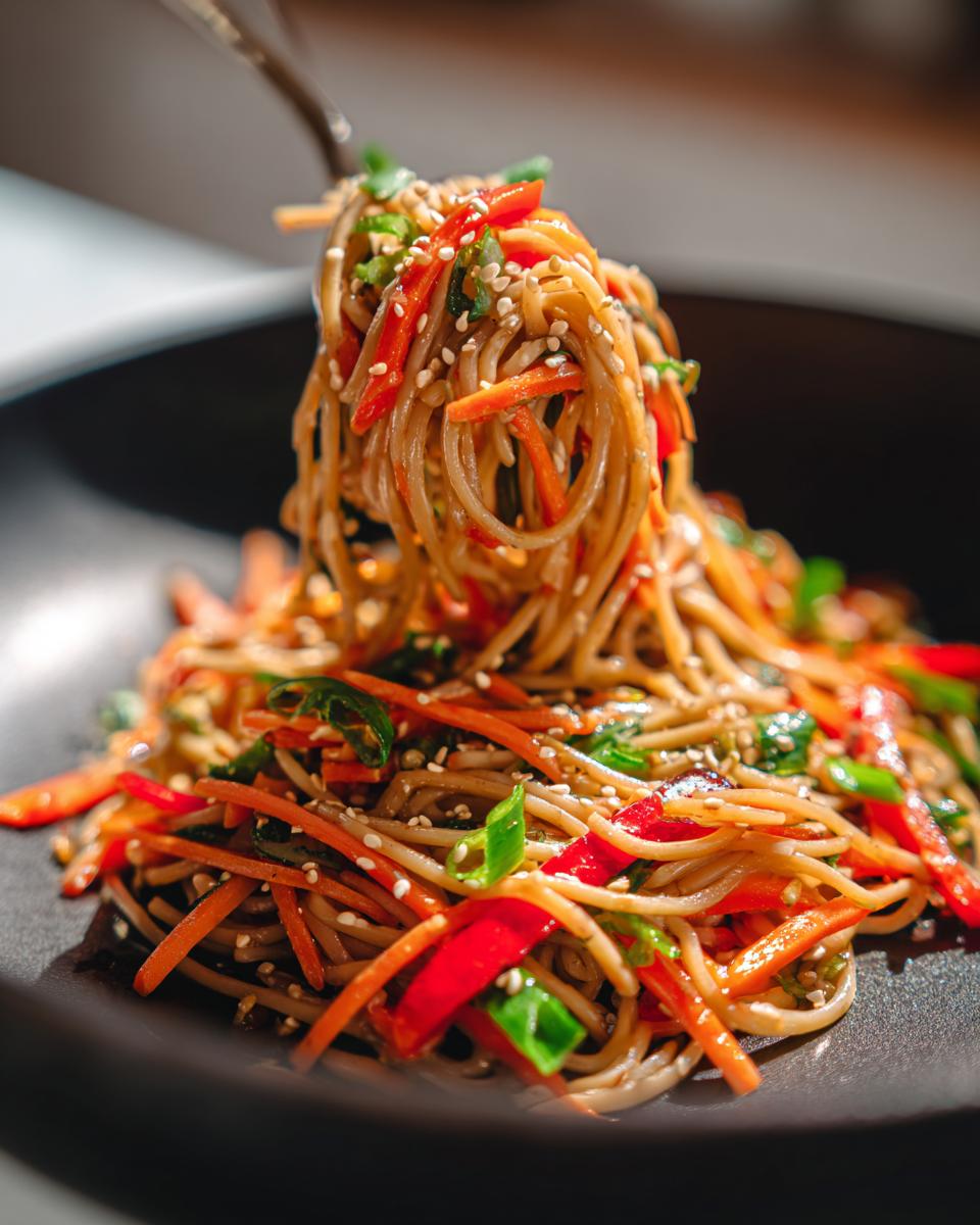 Close-up of Asian pasta salad with noodles, carrots, red peppers, and sesame seeds. The pasta salad asian looks delicious.