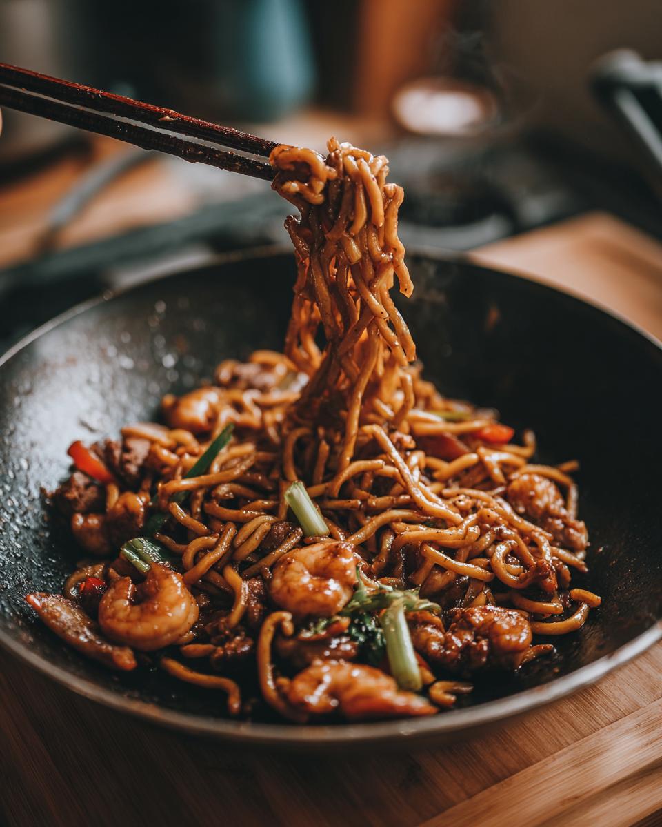 Close-up of Asian pasta salad with noodles, shrimp, and vegetables, a delicious pasta salad asian dish.