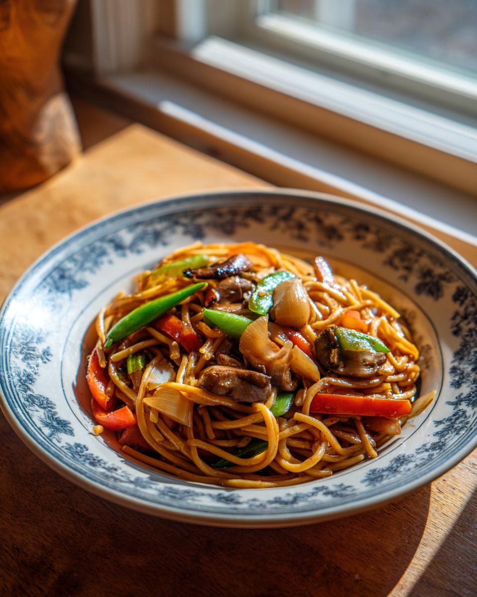 Close-up of a bowl of pasta salad asian with noodles and colorful vegetables.