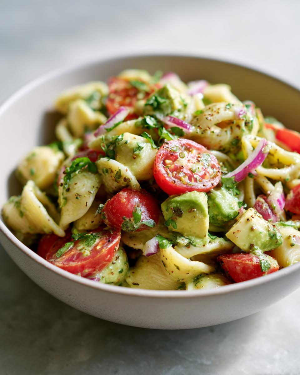 Close-up of a bowl filled with pasta salad avocado, tomatoes, red onion, and herbs.