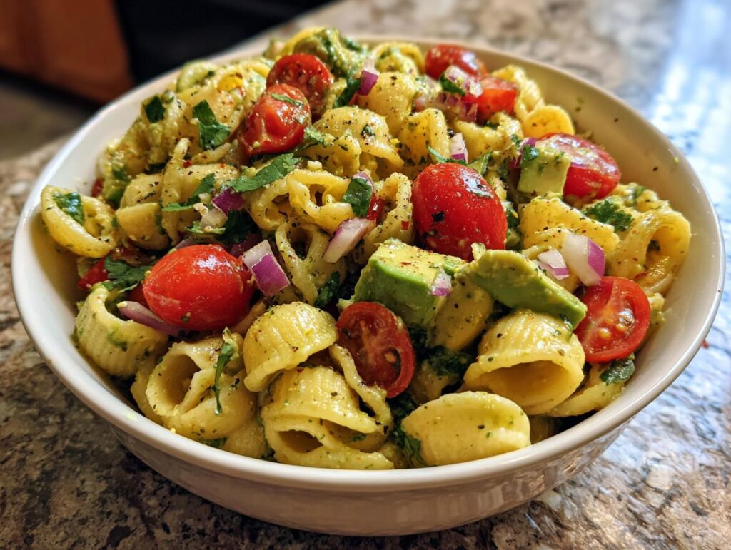 Delicious pasta salad avocado with cherry tomatoes, red onion, and fresh herbs in a white bowl.