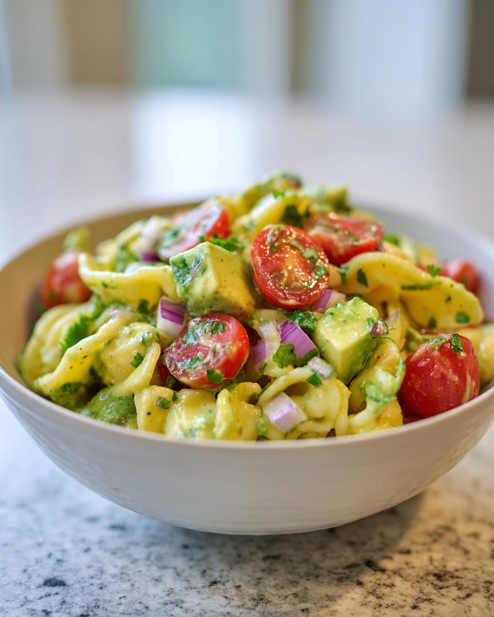 Pasta salad avocado with cherry tomatoes, red onion, and herbs in a white bowl. The pasta salad avocado is a healthy and delicious meal.