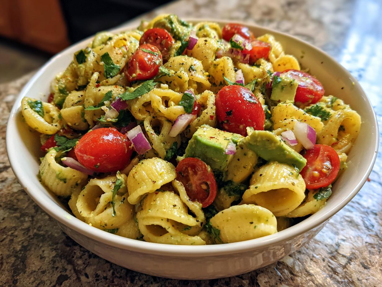 Delicious pasta salad avocado with cherry tomatoes, red onion, and fresh herbs in a white bowl.