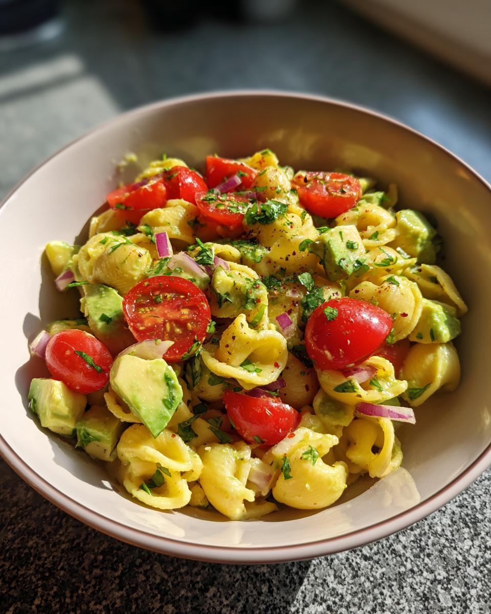 Close-up of a pasta salad avocado with cherry tomatoes, red onion, and herbs.