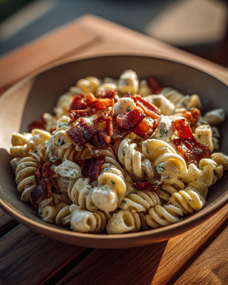 Close-up of a bowl of creamy pasta salad bacon, featuring fusilli pasta and crispy bacon.