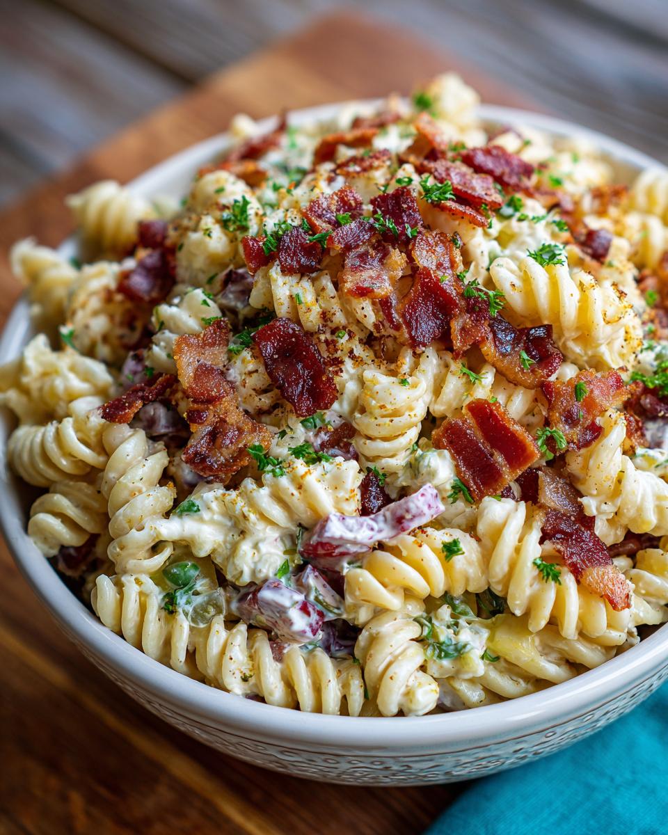Close-up of a bowl of pasta salad bacon, featuring rotini pasta, bacon bits, and creamy dressing.