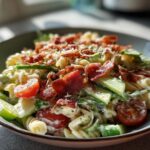 Close-up of a bowl of pasta salad bacon with tomatoes, cucumbers, and crispy bacon.