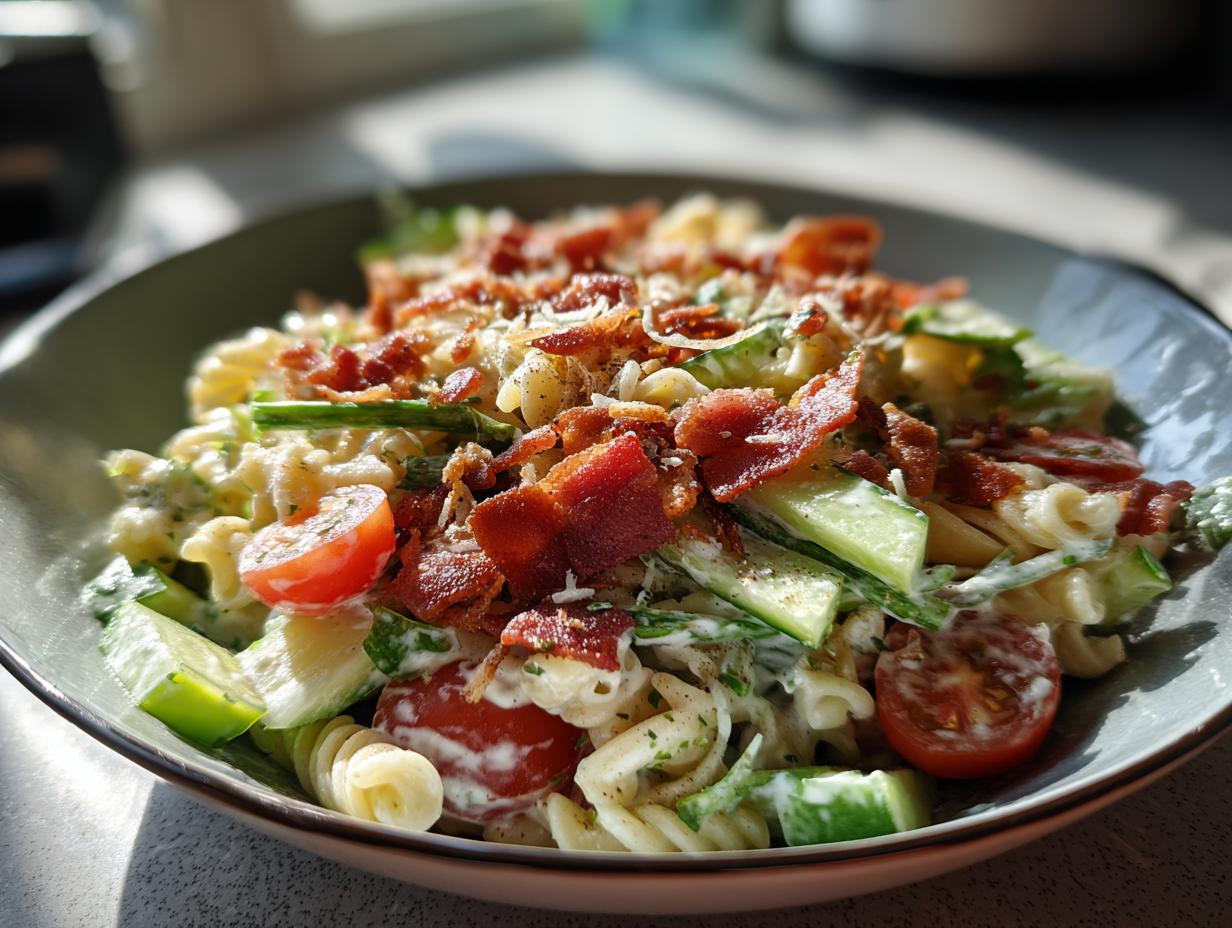Close-up of a bowl of pasta salad bacon with tomatoes, cucumbers, and crispy bacon.