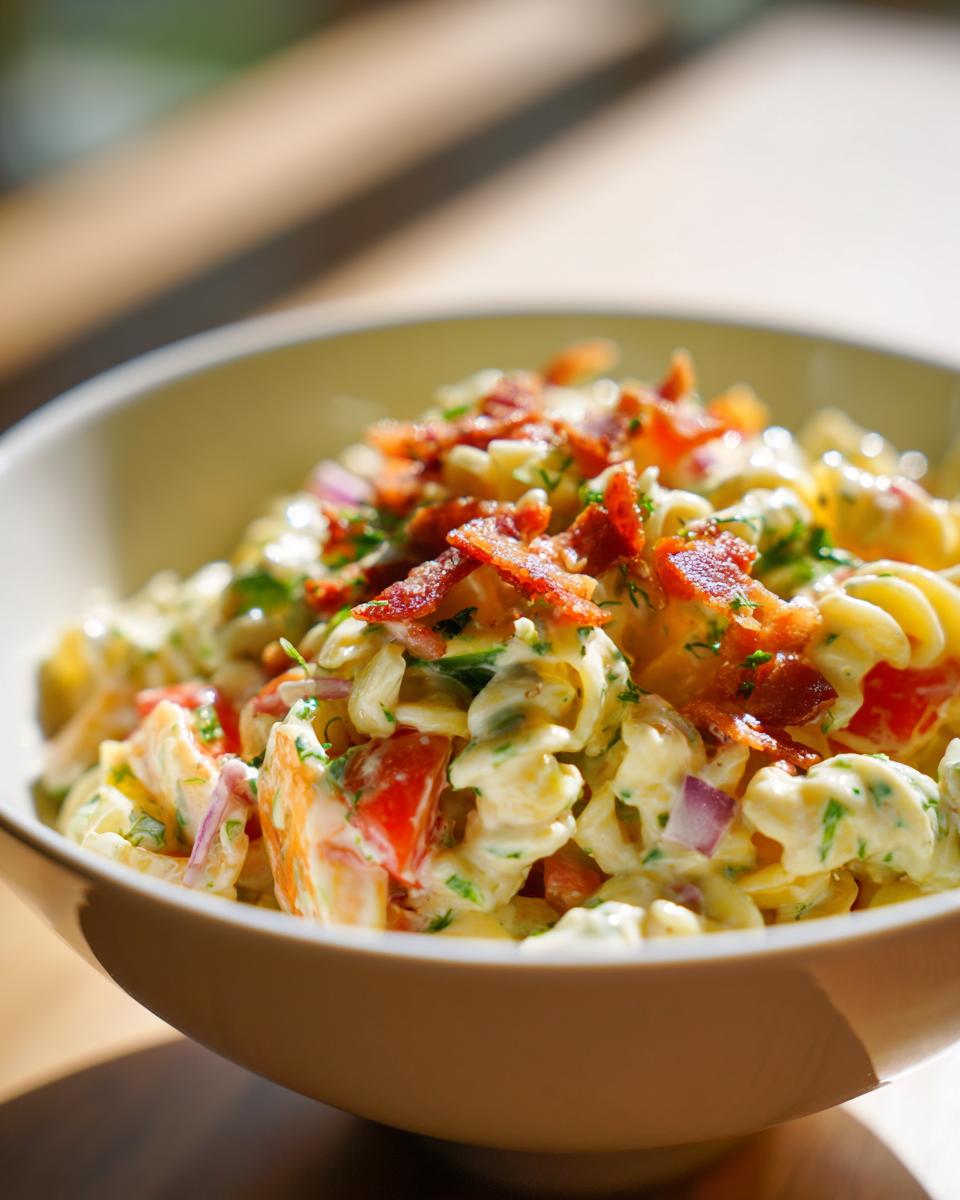 Close-up of a bowl of pasta salad bacon with tomatoes, red onion, and crispy bacon.