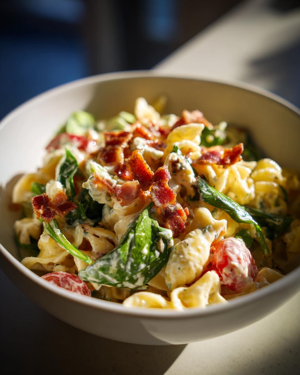 Close-up of a bowl of pasta salad bacon with spinach, tomatoes, and creamy dressing.