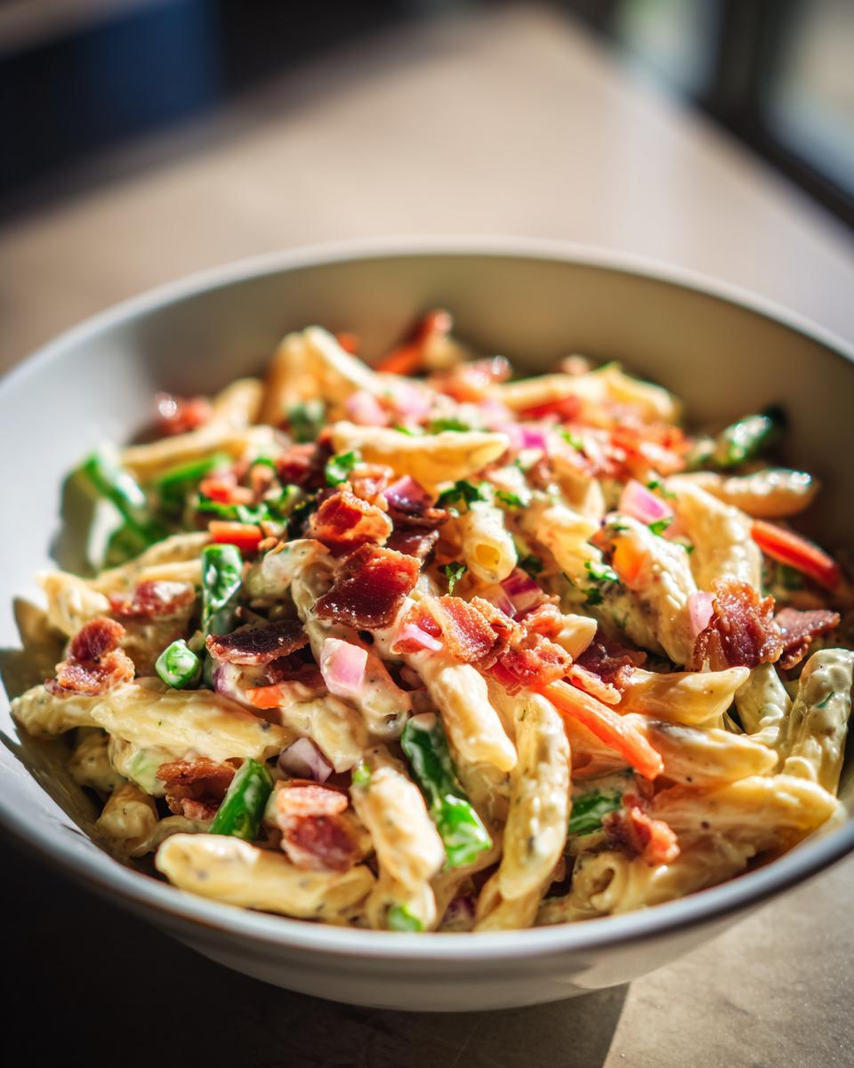 Close-up of a bowl of creamy pasta salad bacon with visible bacon pieces and vegetables.