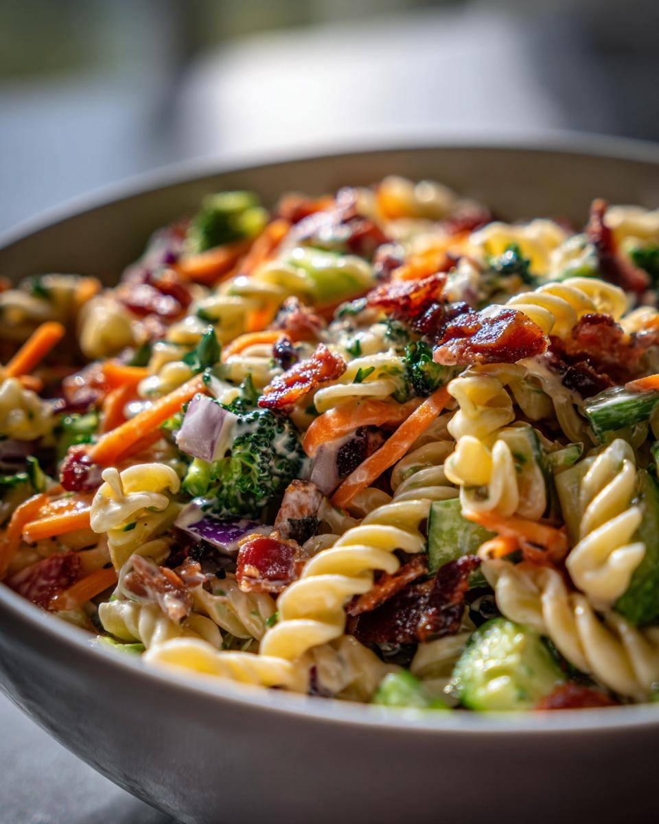 Close-up of a bowl filled with pasta salad bacon, including pasta, vegetables, and crispy bacon.