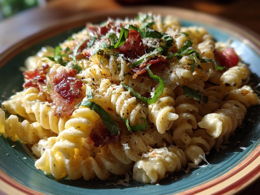 Close-up of pasta salad bacon with fusilli pasta, crispy bacon, and fresh herbs.