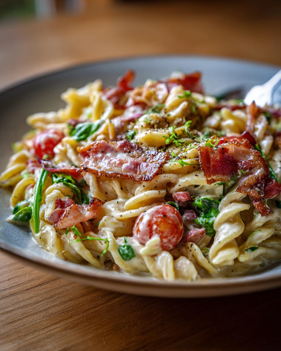 Close-up of a delicious pasta salad bacon with tomatoes, and fresh herbs on a plate.
