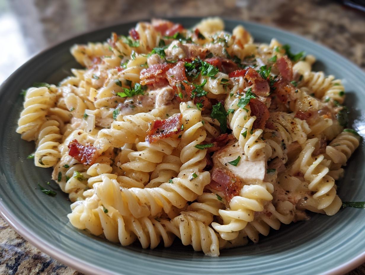 Delicious pasta salad bacon with crispy bacon, herbs, and creamy sauce on a plate.