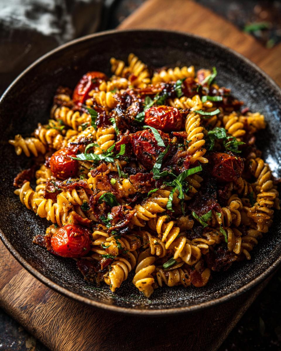 Close-up of pasta salad bacon with tomatoes and fresh herbs in a bowl. The pasta salad bacon is a delicious dish.