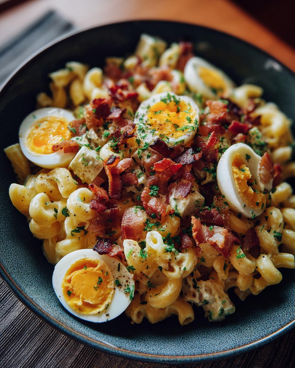 Close-up of pasta salad bacon with hard-boiled eggs, bacon crumbles, and fresh herbs.