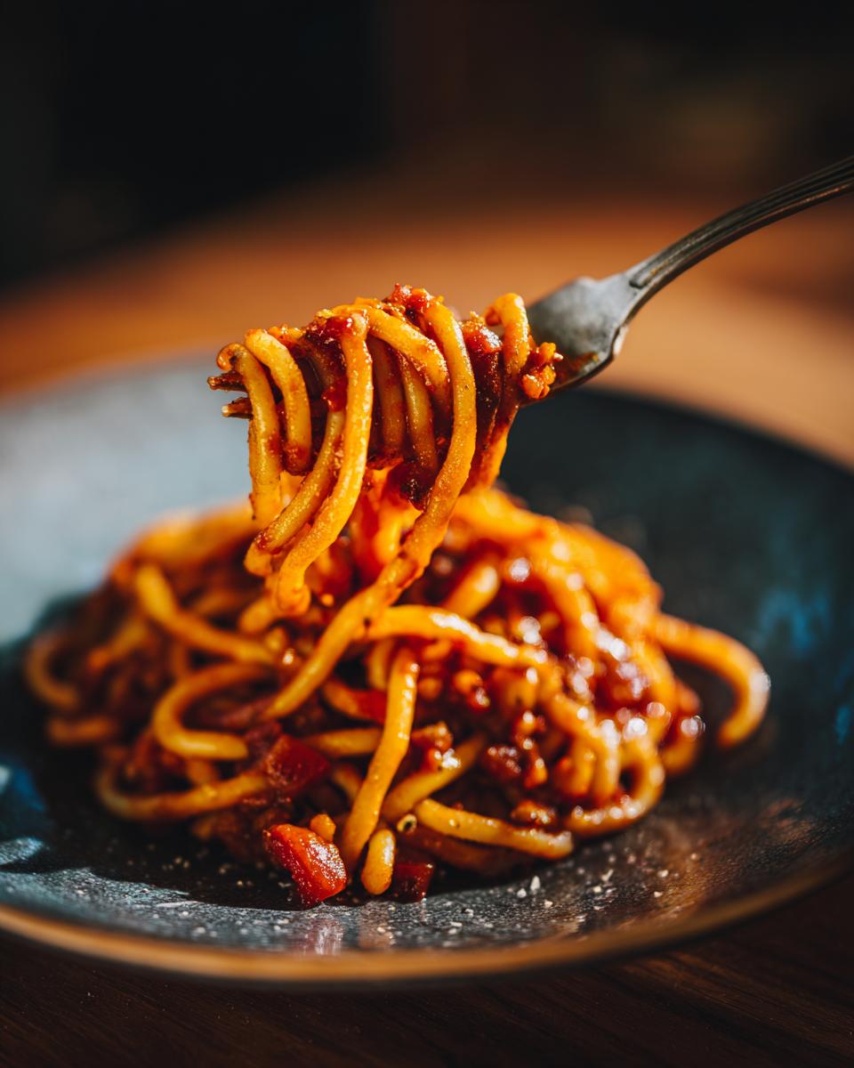 Close-up of pasta with bacon on a fork, a delicious pasta salad bacon dish.