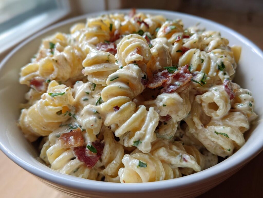 Close-up of a bowl filled with delicious pasta salad bacon ranch.