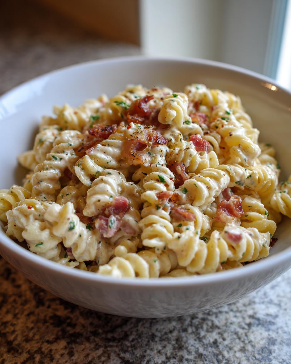 Close-up of creamy pasta salad bacon ranch in a white bowl, showing pasta, bacon, and sauce.