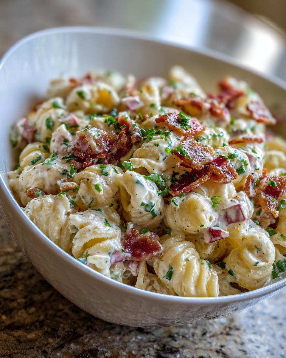 Close-up of a bowl of pasta salad bacon ranch with bacon crumbles and fresh herbs.