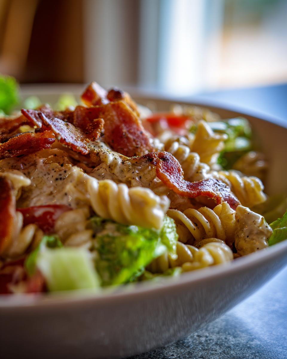 Close-up of a bowl of pasta salad bacon ranch with bacon, pasta, lettuce, and creamy dressing.