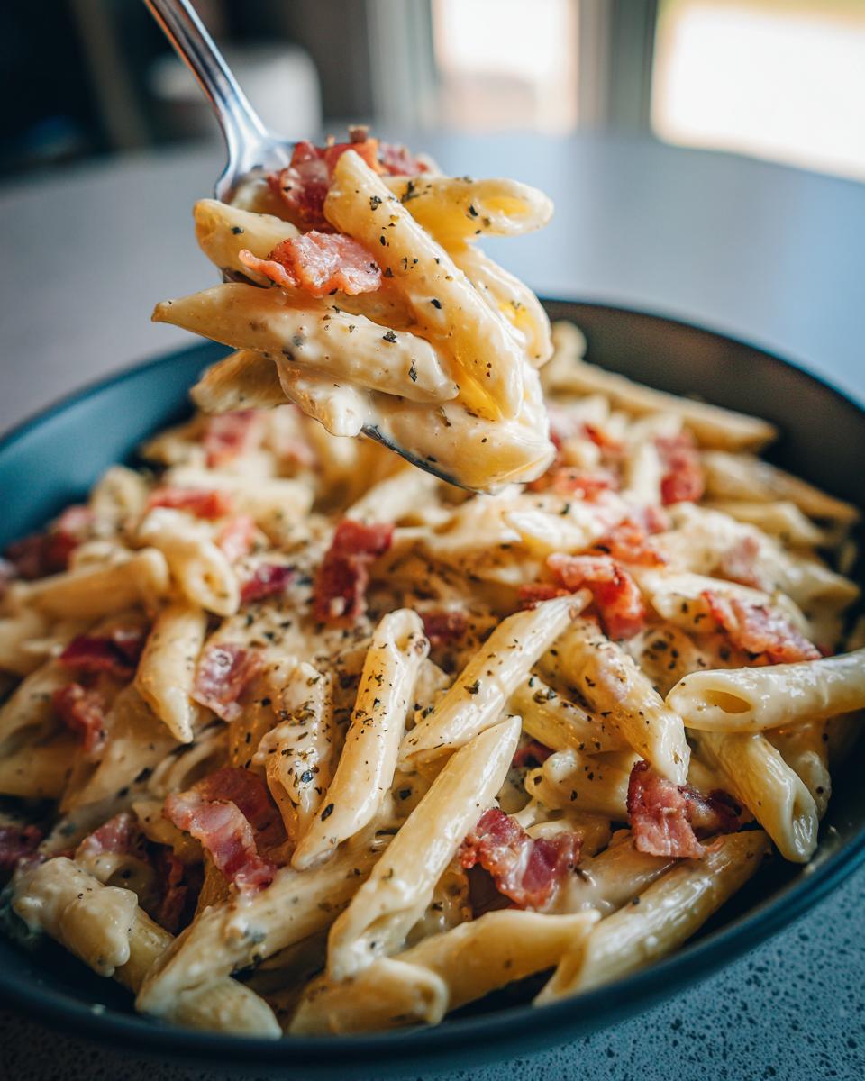 Close-up of creamy pasta salad bacon ranch with penne pasta, bacon, and herbs.