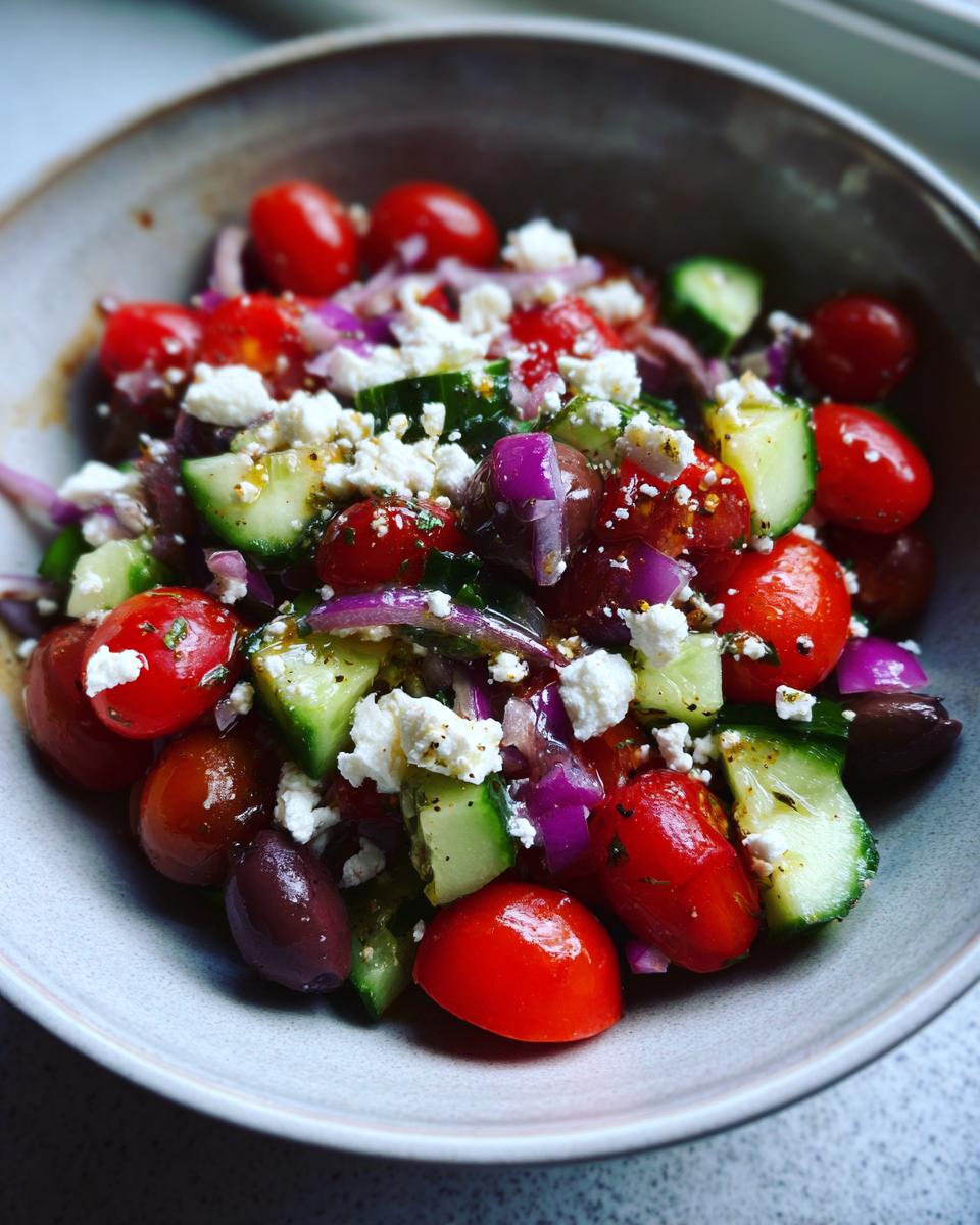 Close-up of a pasta salad balsamic with tomatoes, cucumbers, red onion, feta, and olives.