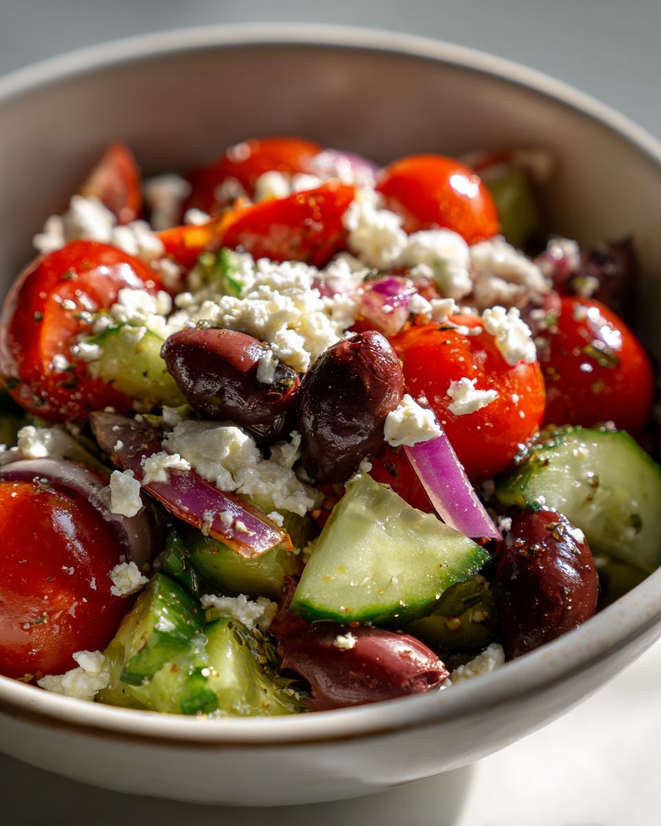 Close-up of a pasta salad balsamic with tomatoes, cucumbers, olives, and feta cheese.